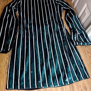 New Look Striped Sequin Mini Dress Embellished Mock Neck Open Back Women's Sz 8.